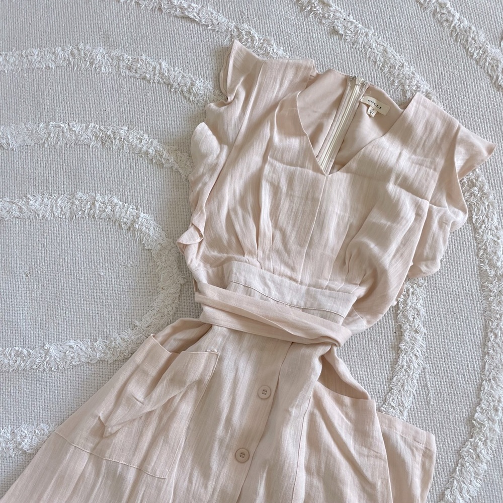 Gilli Blush Midi Length, Flutter Sleeve, Button Detail, Pockets, Waste Tie